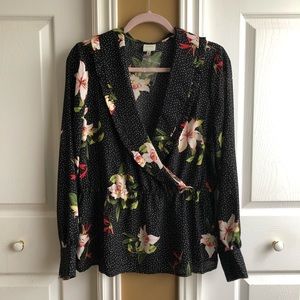 PLEIONE Long Sleeve Floral Dot Print Blouse Size L